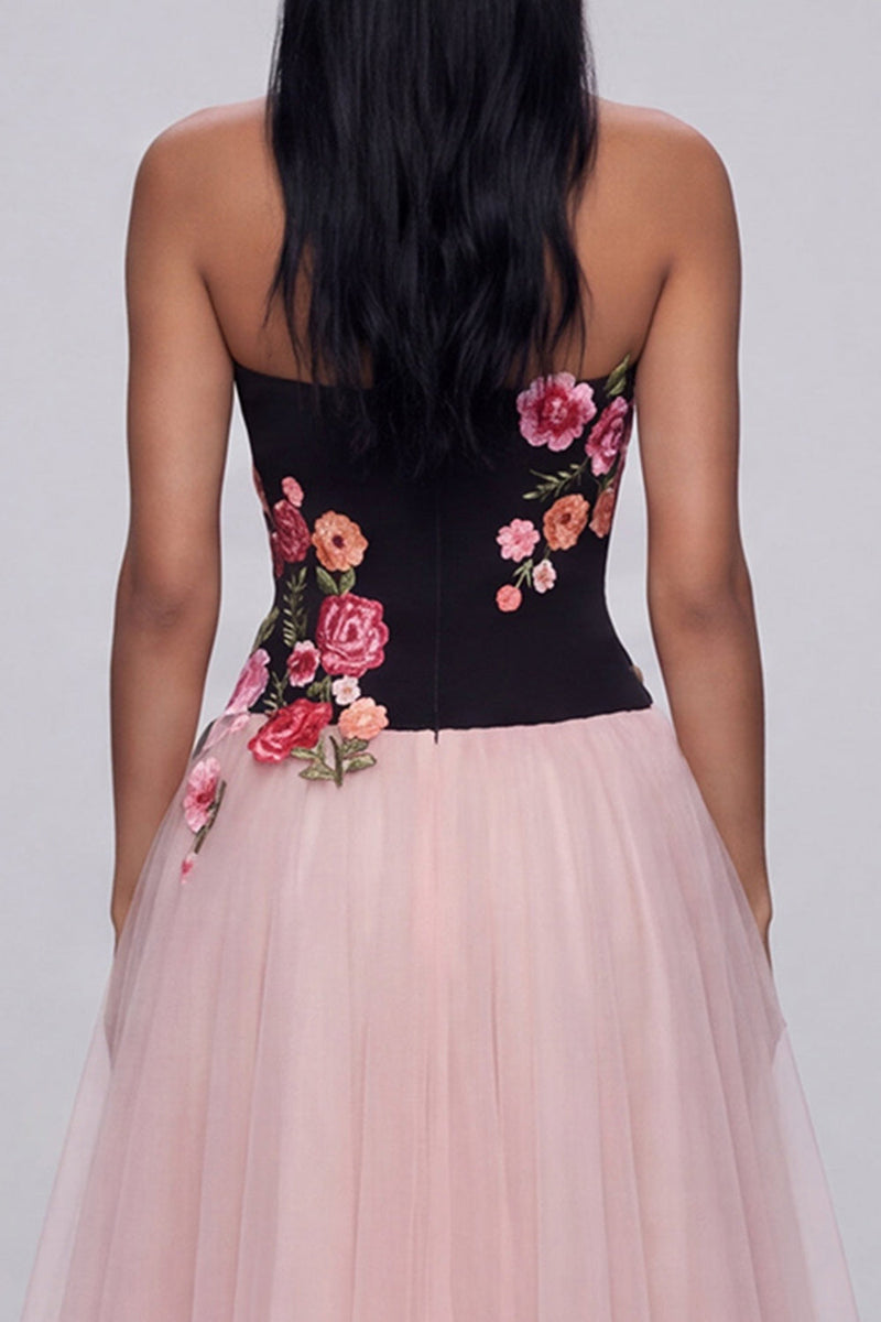 Load image into Gallery viewer, Black and Pink Strapless Floral A Line Beach Maxi Wedding Guest Dress