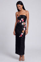 Load image into Gallery viewer, Sparkly Black Sheath Floral Strapless Maxi Beaded Wedding Guest Dress
