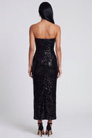 Load image into Gallery viewer, Sparkly Black Sheath Floral Strapless Maxi Beaded Wedding Guest Dress