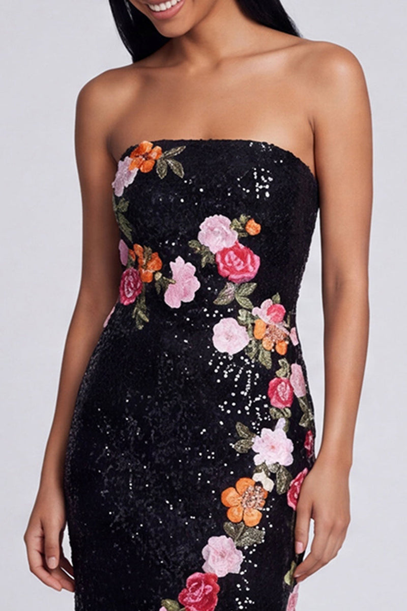 Load image into Gallery viewer, Sparkly Black Sheath Floral Strapless Maxi Beaded Wedding Guest Dress