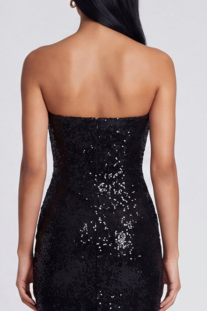 Load image into Gallery viewer, Sparkly Black Sheath Floral Strapless Maxi Beaded Wedding Guest Dress