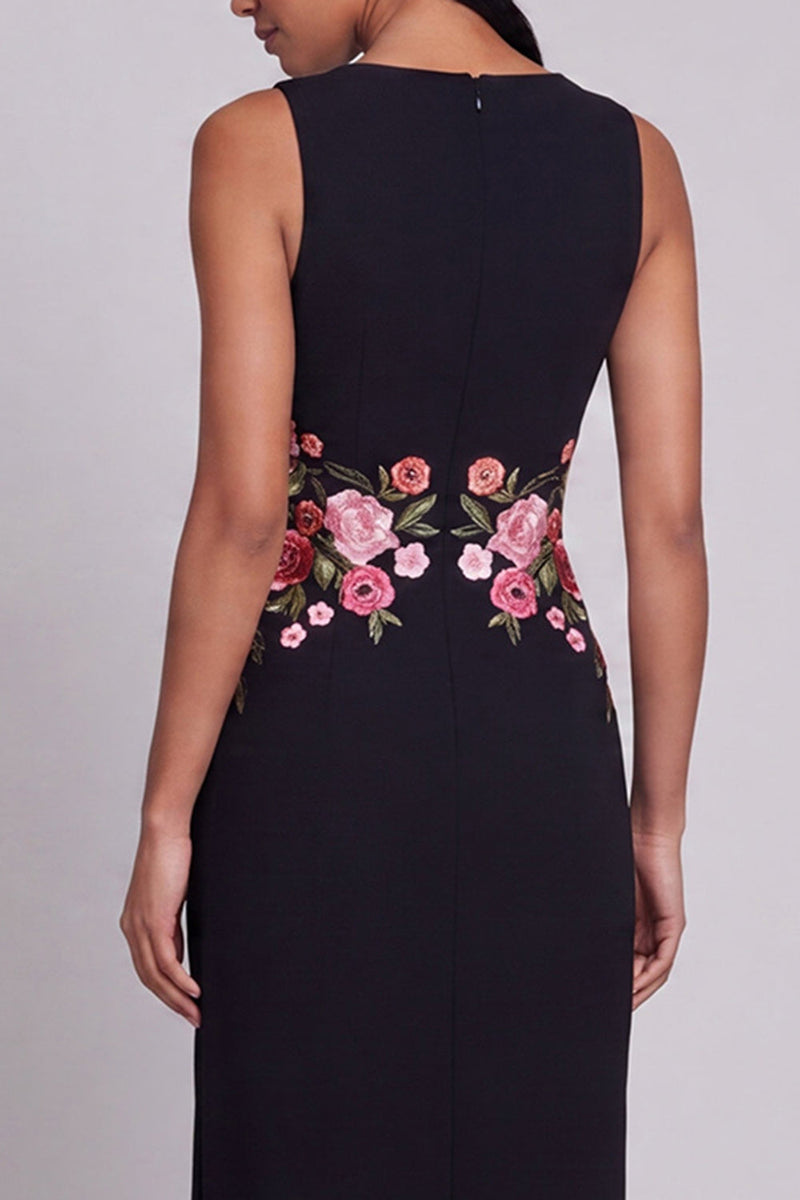 Load image into Gallery viewer, Round Neck Floral Sheath Black Maxi Beach Wedding Guest Dress
