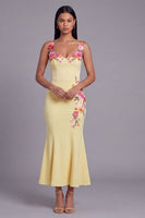 Load image into Gallery viewer, Light Yellow Mermaid Thick Straps Floral Maxi Beach Wedding Guest Dress