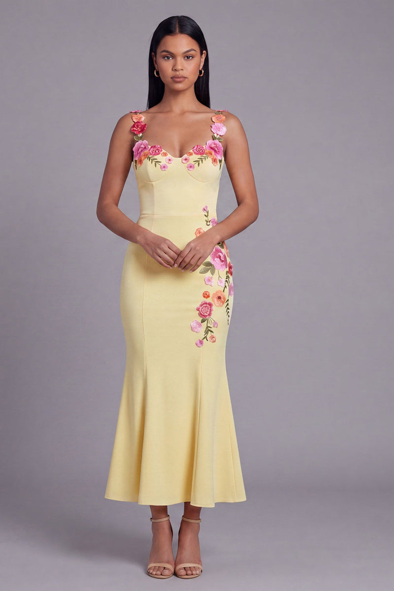 Load image into Gallery viewer, Light Yellow Mermaid Thick Straps Floral Maxi Beach Wedding Guest Dress