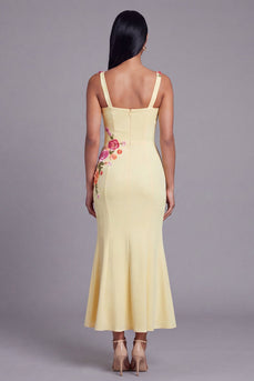 Light Yellow Mermaid Thick Straps Floral Maxi Beach Wedding Guest Dress