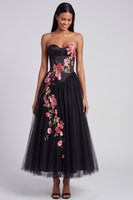 Load image into Gallery viewer, Black Floral Corset Strapless Maxi A Line Beach Wedding Guest Dress