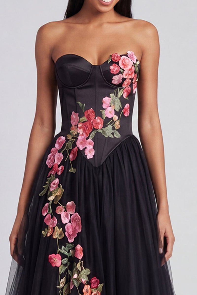 Load image into Gallery viewer, Black Floral Corset Strapless Maxi A Line Beach Wedding Guest Dress