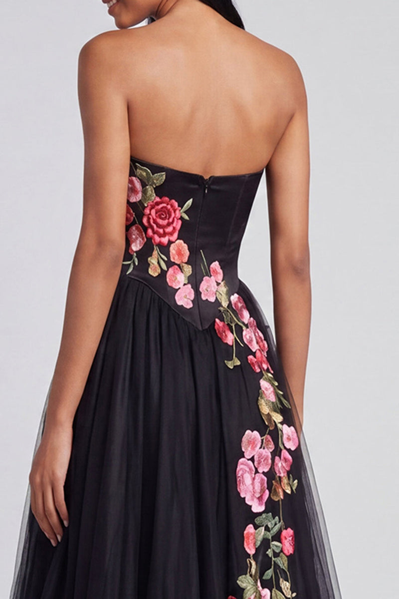 Load image into Gallery viewer, Black Floral Corset Strapless Maxi A Line Beach Wedding Guest Dress