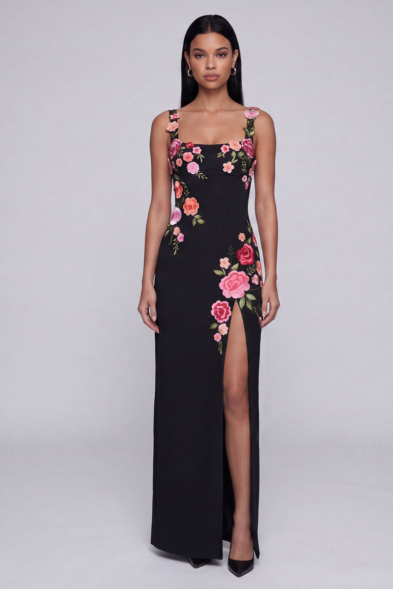 Load image into Gallery viewer, Square Neck Sheath Black Floral Beach Maxi Wedding Guest Dress with Slit