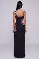 Load image into Gallery viewer, Square Neck Sheath Black Floral Beach Maxi Wedding Guest Dress with Slit