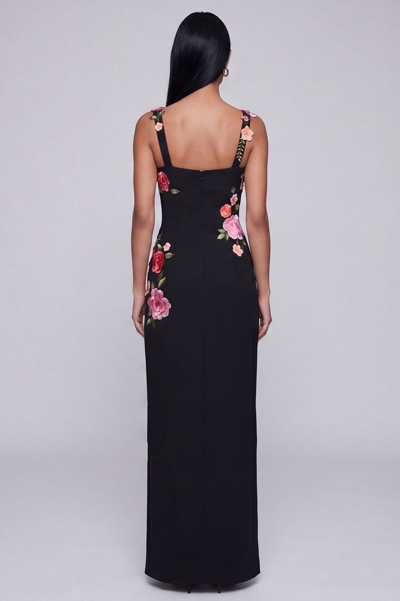 Load image into Gallery viewer, Square Neck Sheath Black Floral Beach Maxi Wedding Guest Dress with Slit