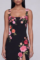 Load image into Gallery viewer, Square Neck Sheath Black Floral Beach Maxi Wedding Guest Dress with Slit