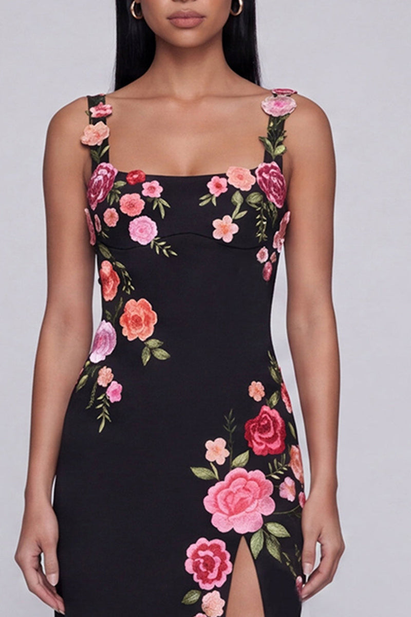 Load image into Gallery viewer, Square Neck Sheath Black Floral Beach Maxi Wedding Guest Dress with Slit