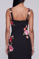 Load image into Gallery viewer, Square Neck Sheath Black Floral Beach Maxi Wedding Guest Dress with Slit