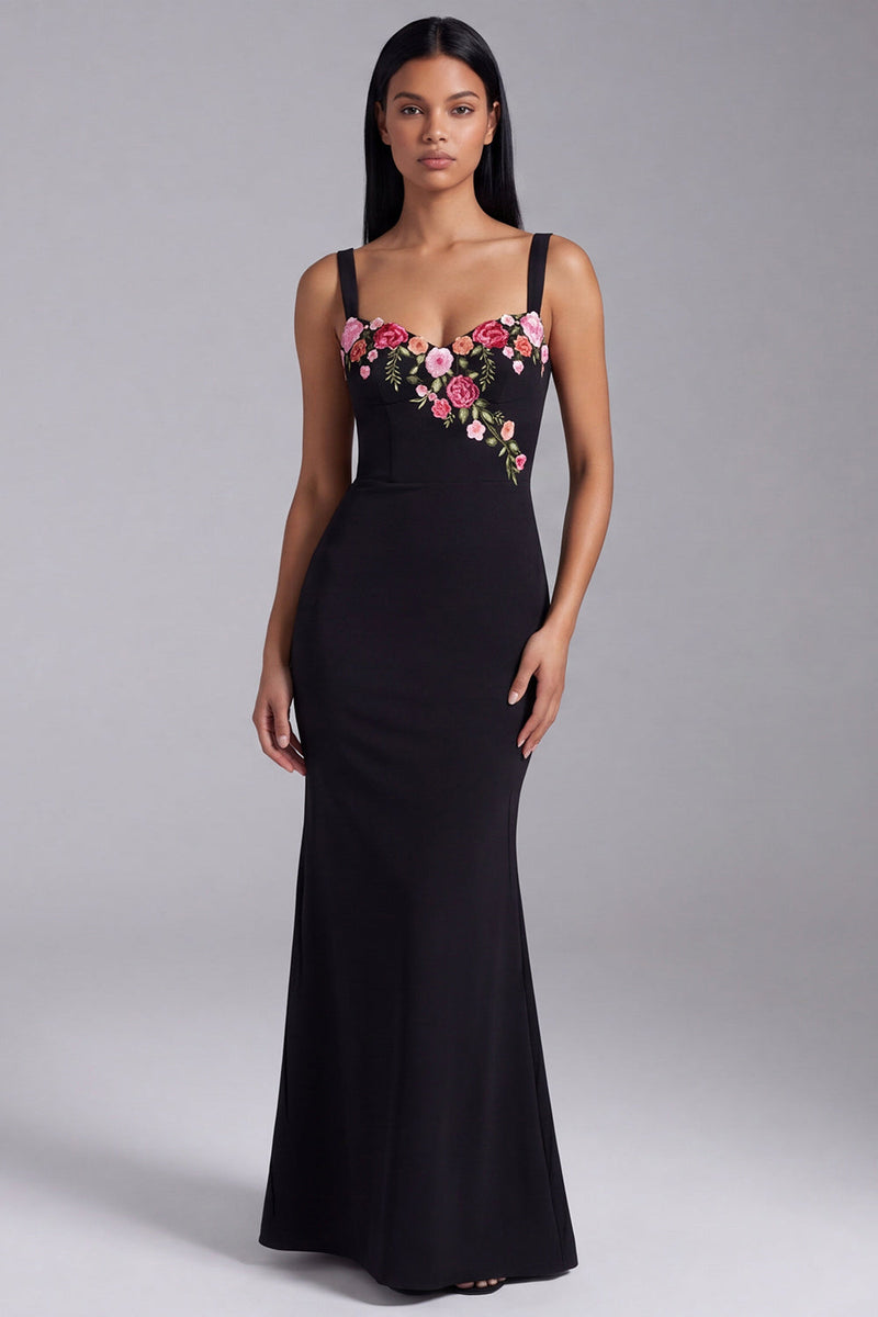 Load image into Gallery viewer, Mermaid Floral Black Thick Straps Maxi Beach Wedding Guest Dress