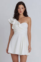 Load image into Gallery viewer, Ruched A Line One Shoulder Short Ivory Hen Do Dress with Ruffles