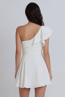 Ruched A Line One Shoulder Short Ivory Hen Do Dress with Ruffles