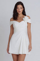 Load image into Gallery viewer, Off the Shoulder Ruched Ivory A Line Short Hen Do Dress with 3D Flower