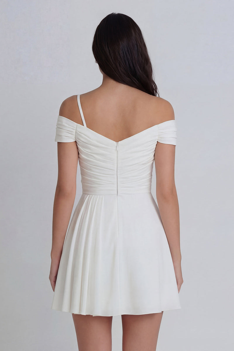 Load image into Gallery viewer, Off the Shoulder Ruched Ivory A Line Short Hen Do Dress with 3D Flower