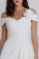 Load image into Gallery viewer, Off the Shoulder Ruched Ivory A Line Short Hen Do Dress with 3D Flower