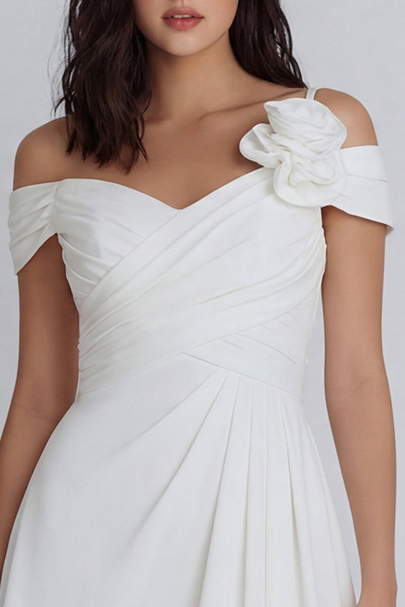 Load image into Gallery viewer, Off the Shoulder Ruched Ivory A Line Short Hen Do Dress with 3D Flower