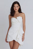 Load image into Gallery viewer, A Line Strapless Ivory Ruched Short Ruffled Hen Do Dress