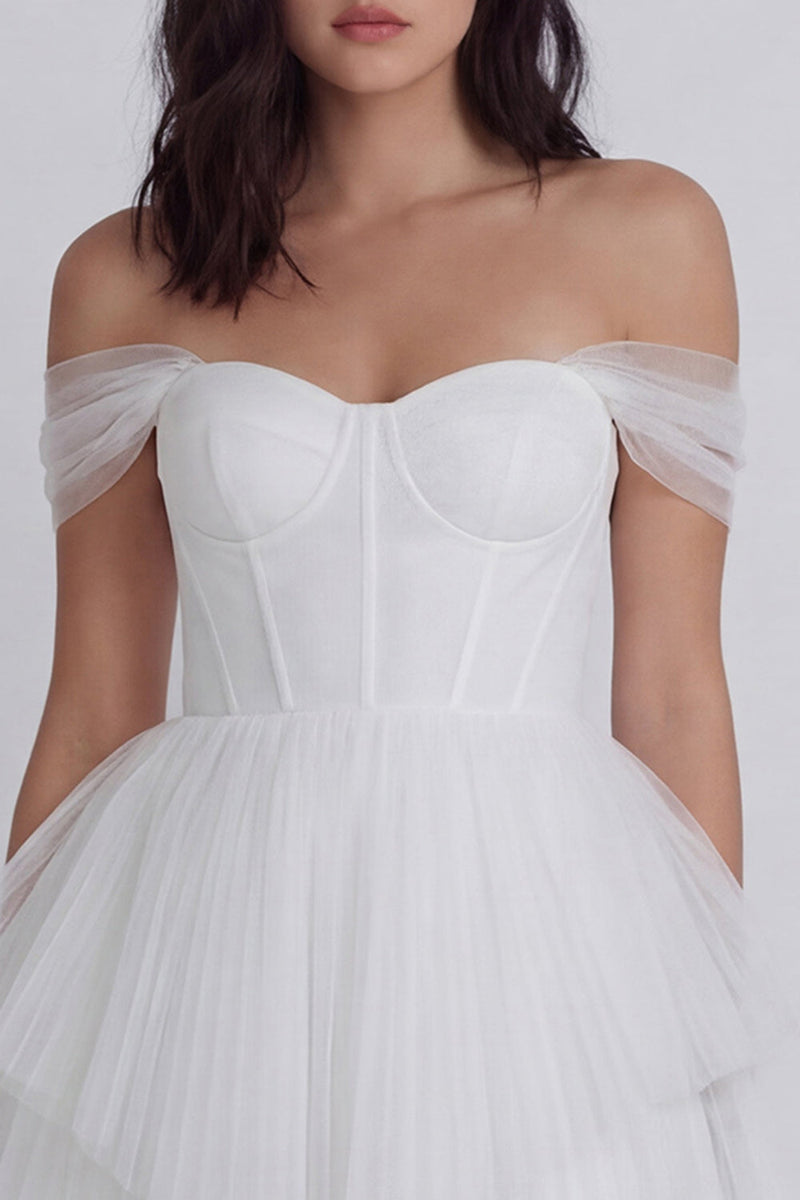 Load image into Gallery viewer, Corset Off the Shoulder Ivory A Line Short Hen Do Dress with Ruffles