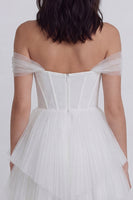 Load image into Gallery viewer, Corset Off the Shoulder Ivory A Line Short Hen Do Dress with Ruffles