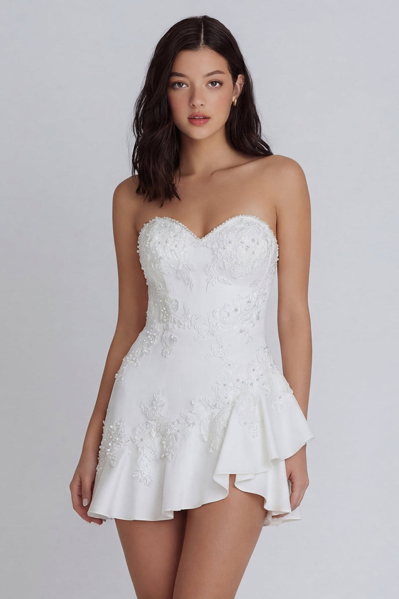 Load image into Gallery viewer, Ruffled A Line Strapless Floral Ivory Short Hen Do Dress with Pearls
