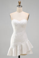 Load image into Gallery viewer, Ruffled A Line Strapless Floral Ivory Short Hen Do Dress with Pearls