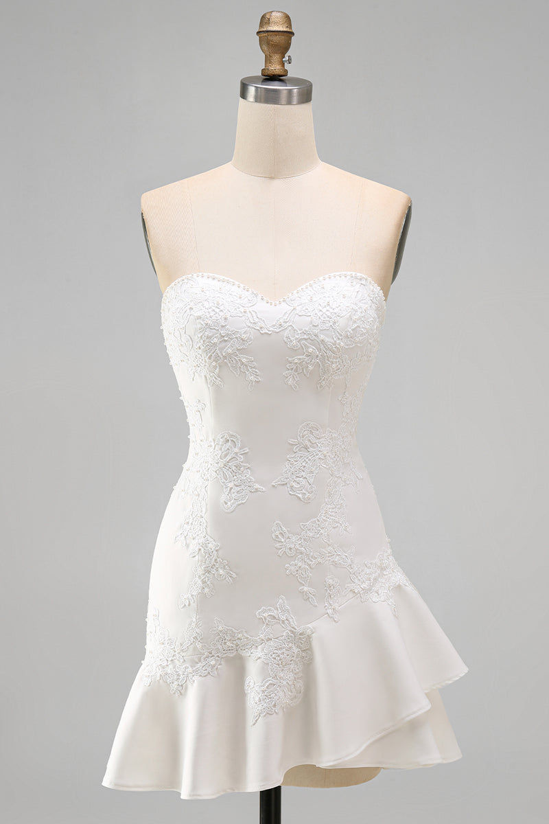 Load image into Gallery viewer, Ruffled A Line Strapless Floral Ivory Short Hen Do Dress with Pearls