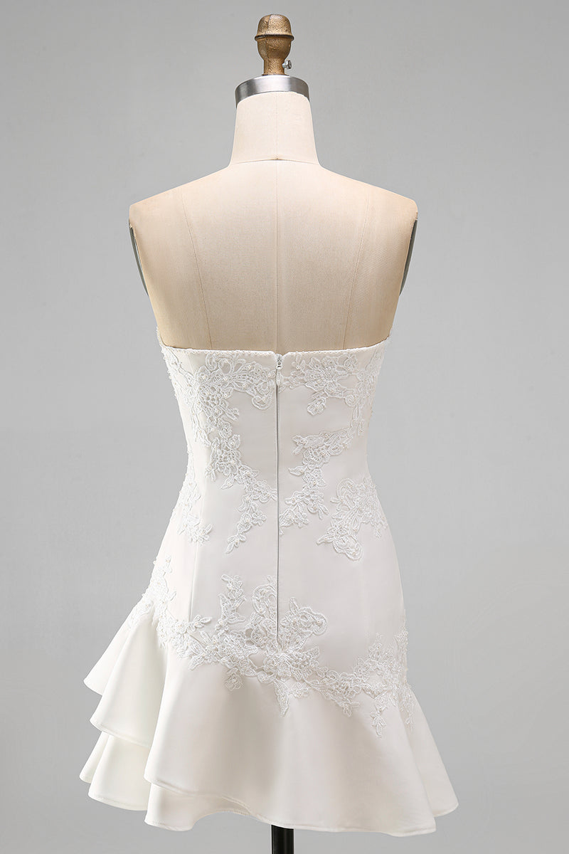 Load image into Gallery viewer, Ruffled A Line Strapless Floral Ivory Short Hen Do Dress with Pearls