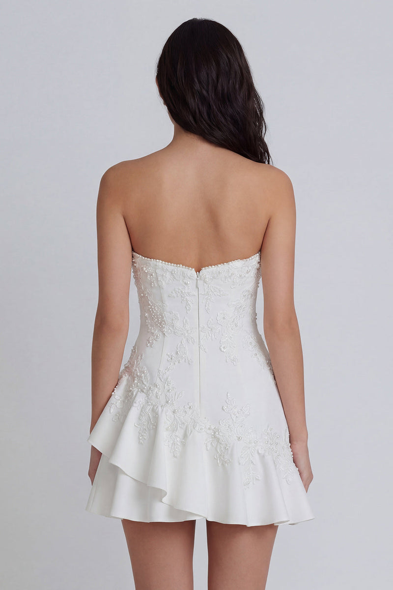 Load image into Gallery viewer, Ruffled A Line Strapless Floral Ivory Short Hen Do Dress with Pearls