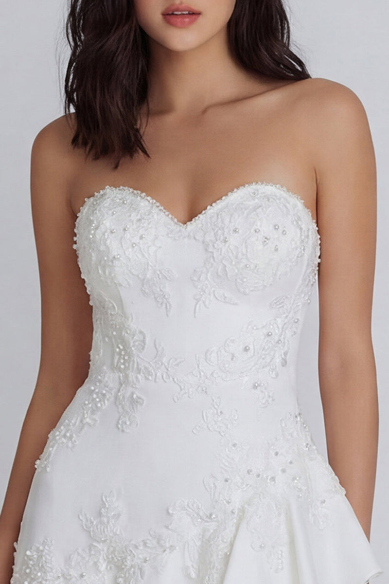 Load image into Gallery viewer, Ruffled A Line Strapless Floral Ivory Short Hen Do Dress with Pearls