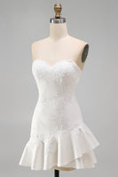 Load image into Gallery viewer, Ruffled A Line Strapless Floral Ivory Short Hen Do Dress with Pearls