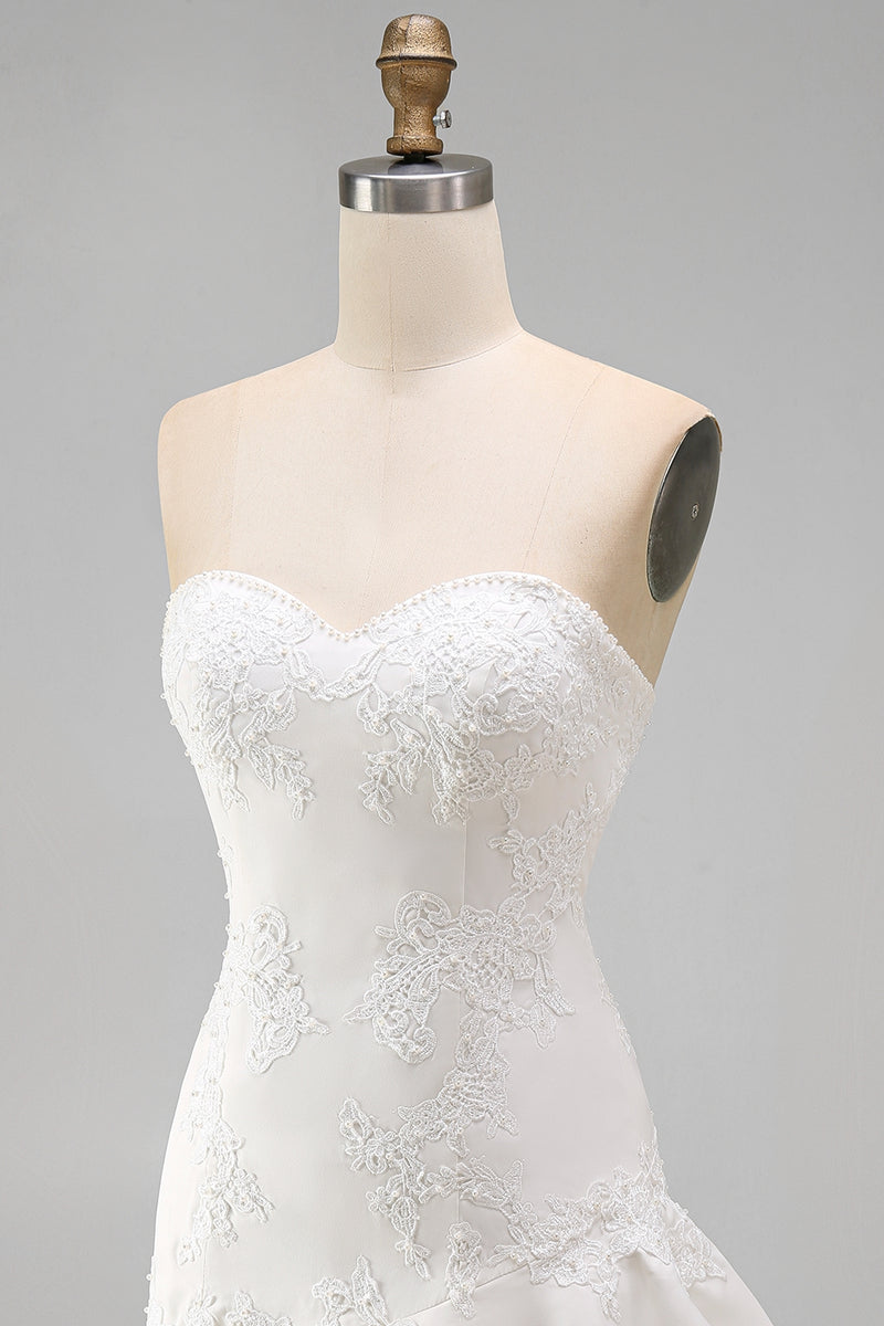 Load image into Gallery viewer, Ruffled A Line Strapless Floral Ivory Short Hen Do Dress with Pearls