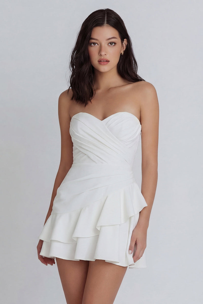 Load image into Gallery viewer, Sweetheart Ruched Short A Line Ivory Hen Do Dress with Ruffles