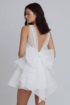 V-Neck A Line Ivory Ruffled Short Hen Do Dress with Bow