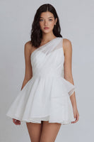 Load image into Gallery viewer, One Shoulder A Line Short Ivory Ruched Hen Do Dress with Ruffles