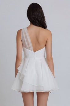 One Shoulder A Line Short Ivory Ruched Hen Do Dress with Ruffles