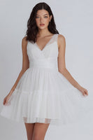 Load image into Gallery viewer, Ruched V-Neck Ivory A Line Short Hen Do Dress with Ruffles