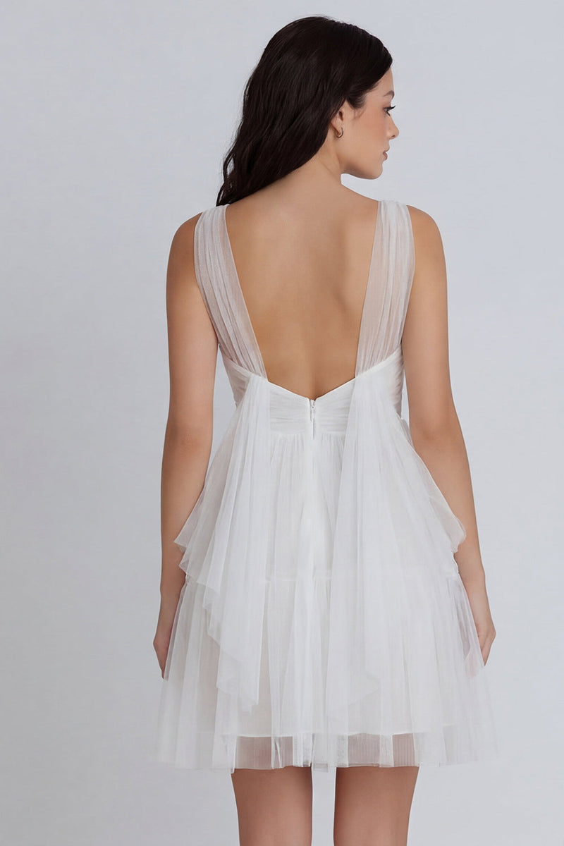 Load image into Gallery viewer, Ruched V-Neck Ivory A Line Short Hen Do Dress with Ruffles