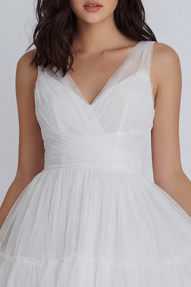 Load image into Gallery viewer, Ruched V-Neck Ivory A Line Short Hen Do Dress with Ruffles
