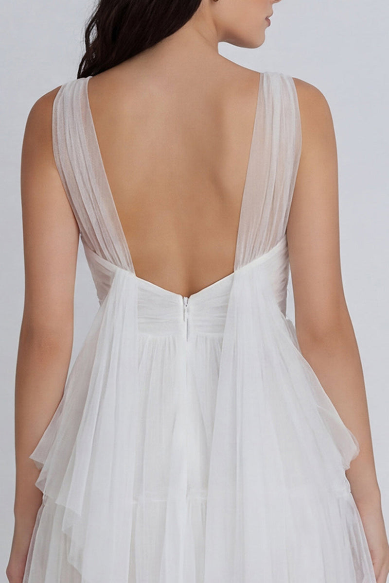 Load image into Gallery viewer, Ruched V-Neck Ivory A Line Short Hen Do Dress with Ruffles
