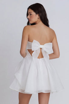 Corset A Line Ruffled Ivory Strapless Short Hen Do Dress with Bow