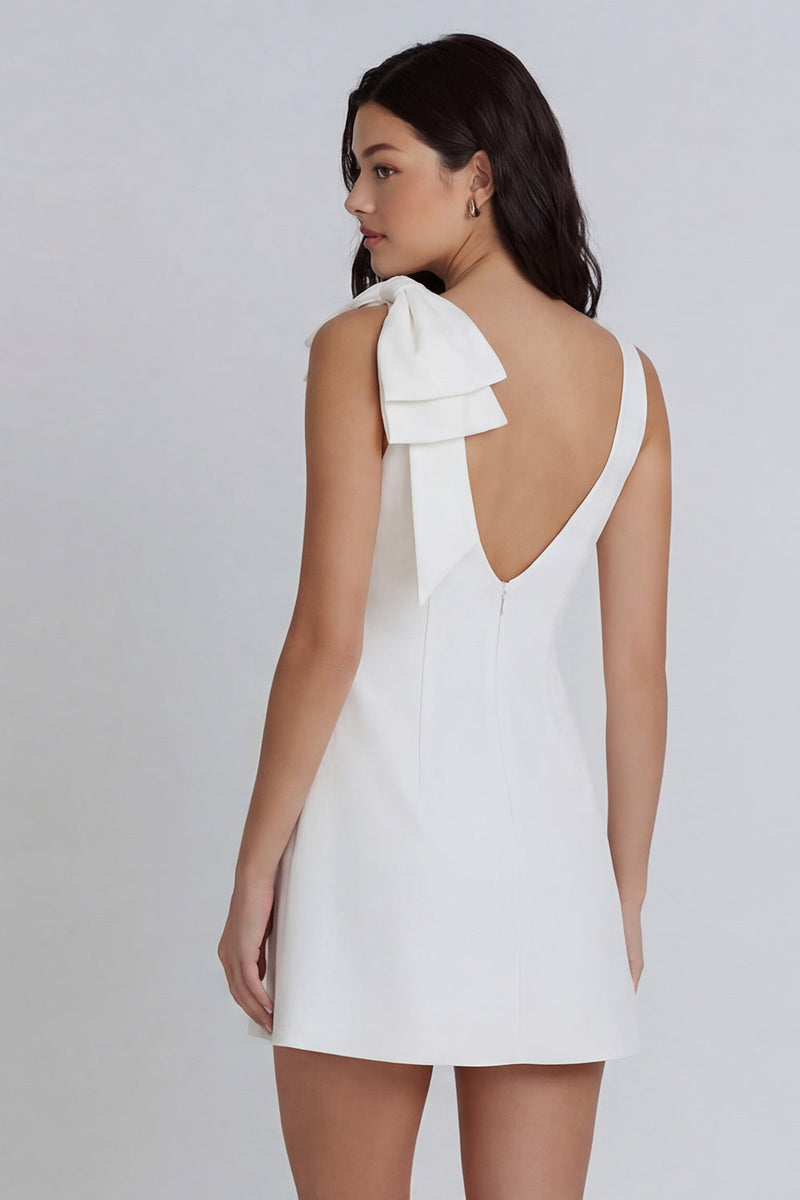Load image into Gallery viewer, Boat Neck Ruched Ivory A Line Short Hen Do Dress with Bow