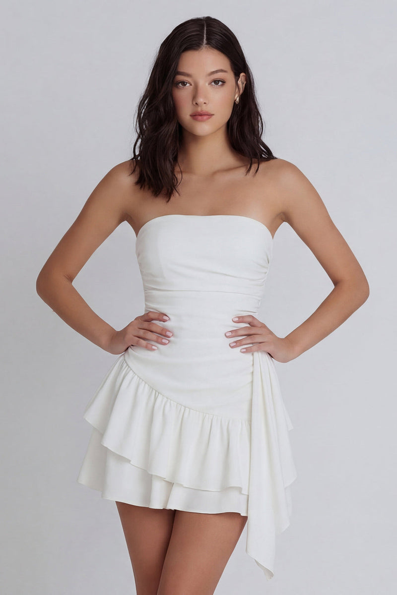 Load image into Gallery viewer, Ruched Strapless Ruffled Ivory A Line Short Hen Do Dress