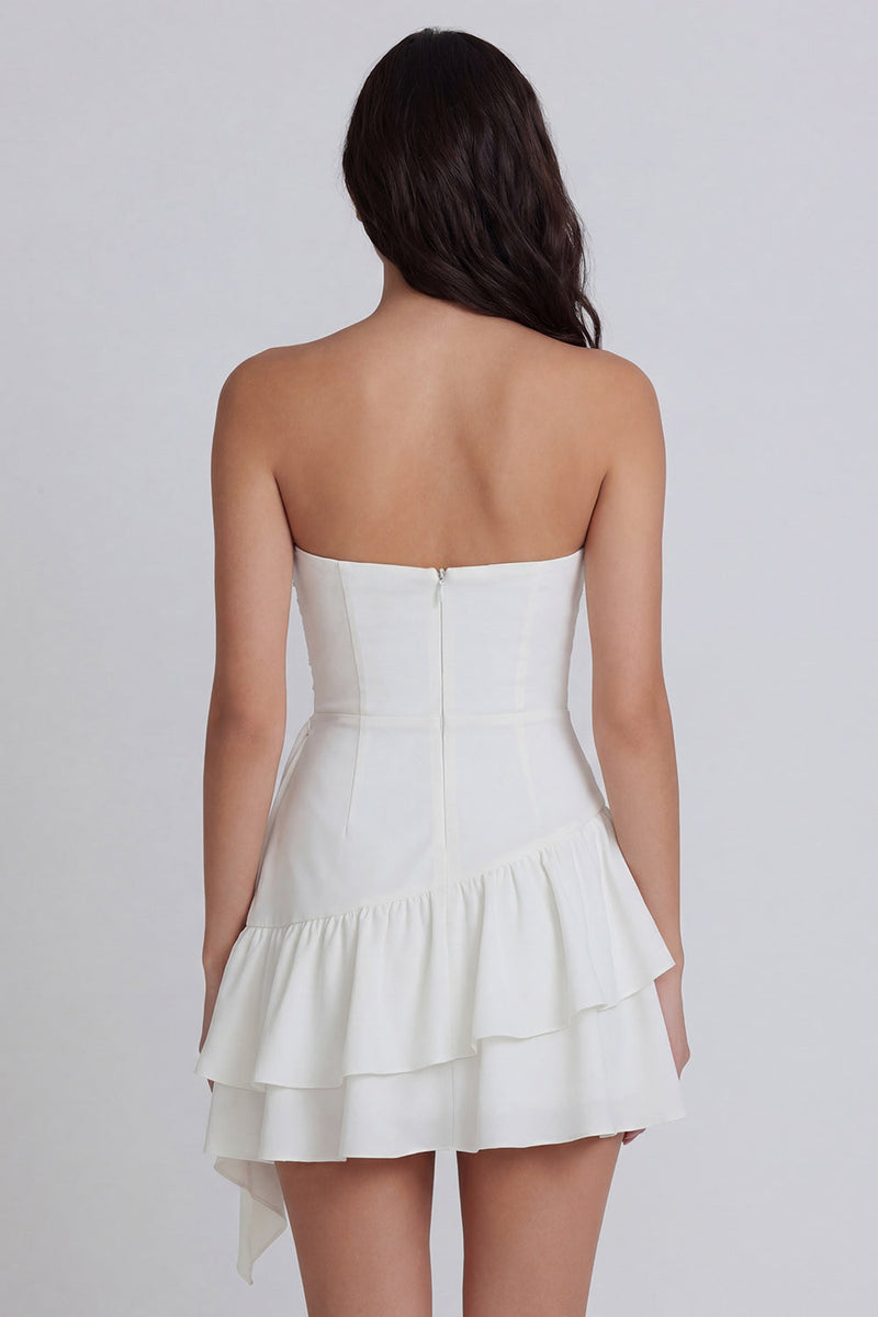 Load image into Gallery viewer, Ruched Strapless Ruffled Ivory A Line Short Hen Do Dress