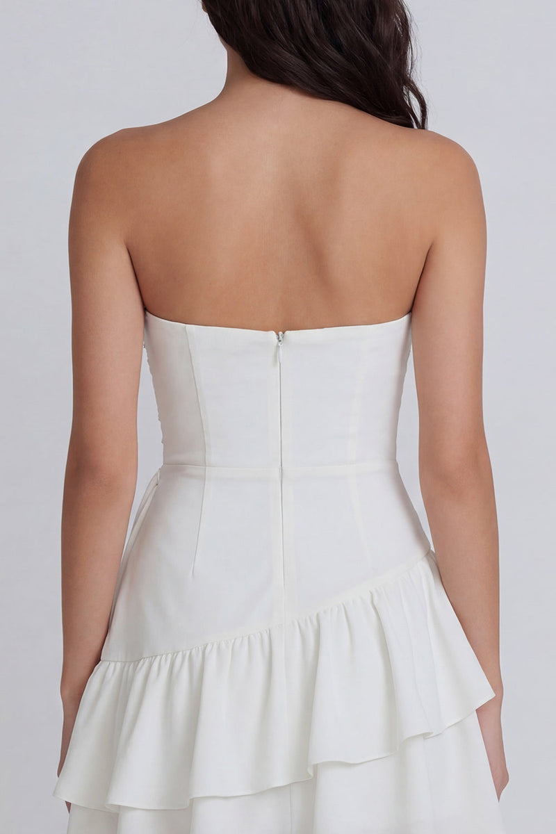 Load image into Gallery viewer, Ruched Strapless Ruffled Ivory A Line Short Hen Do Dress