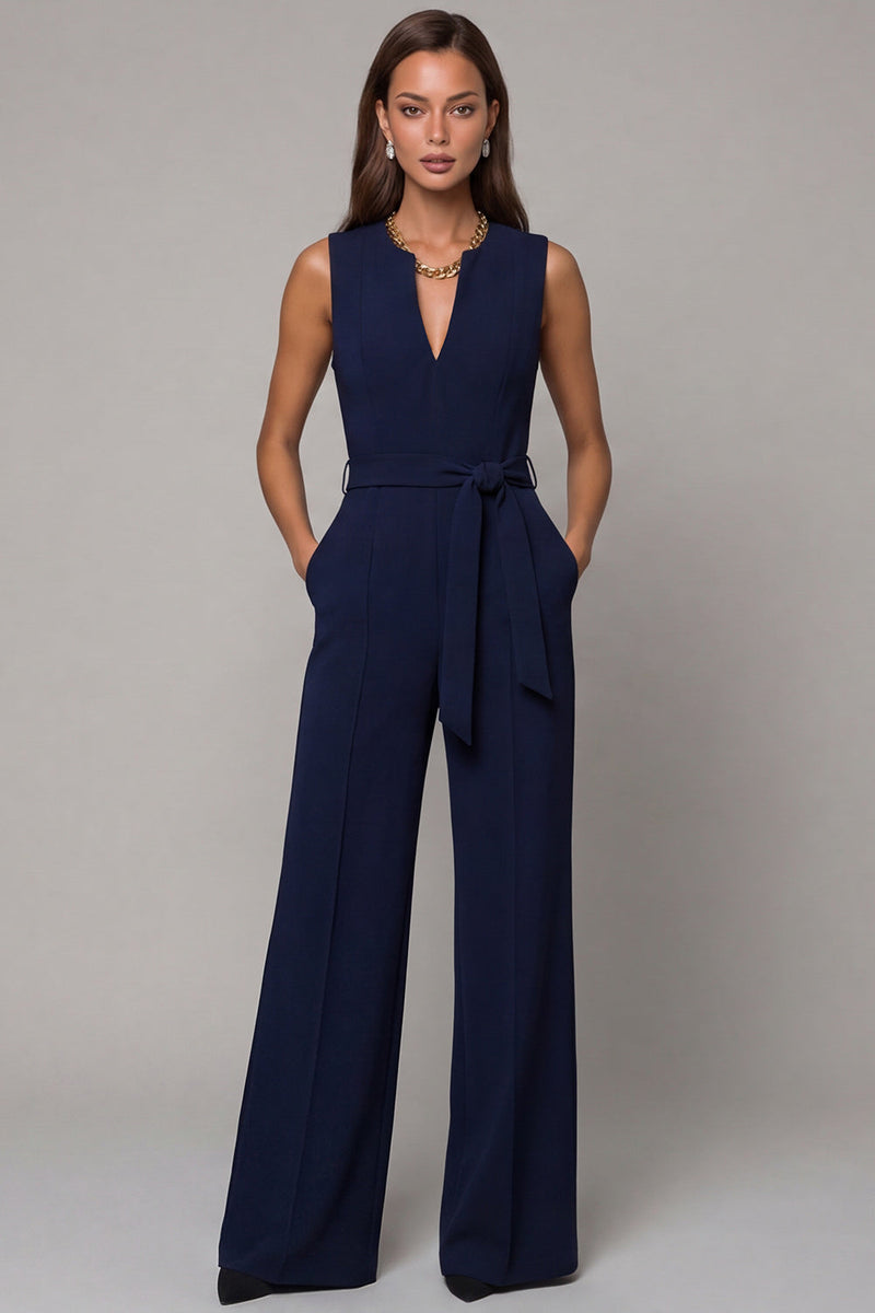 Load image into Gallery viewer, Satin Navy Slim Fit Work Jumpsuits with Pockets